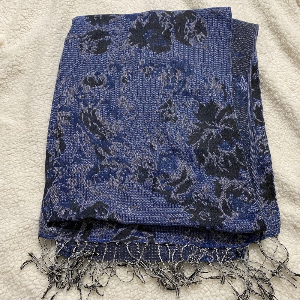 blue floral scarf with fringe